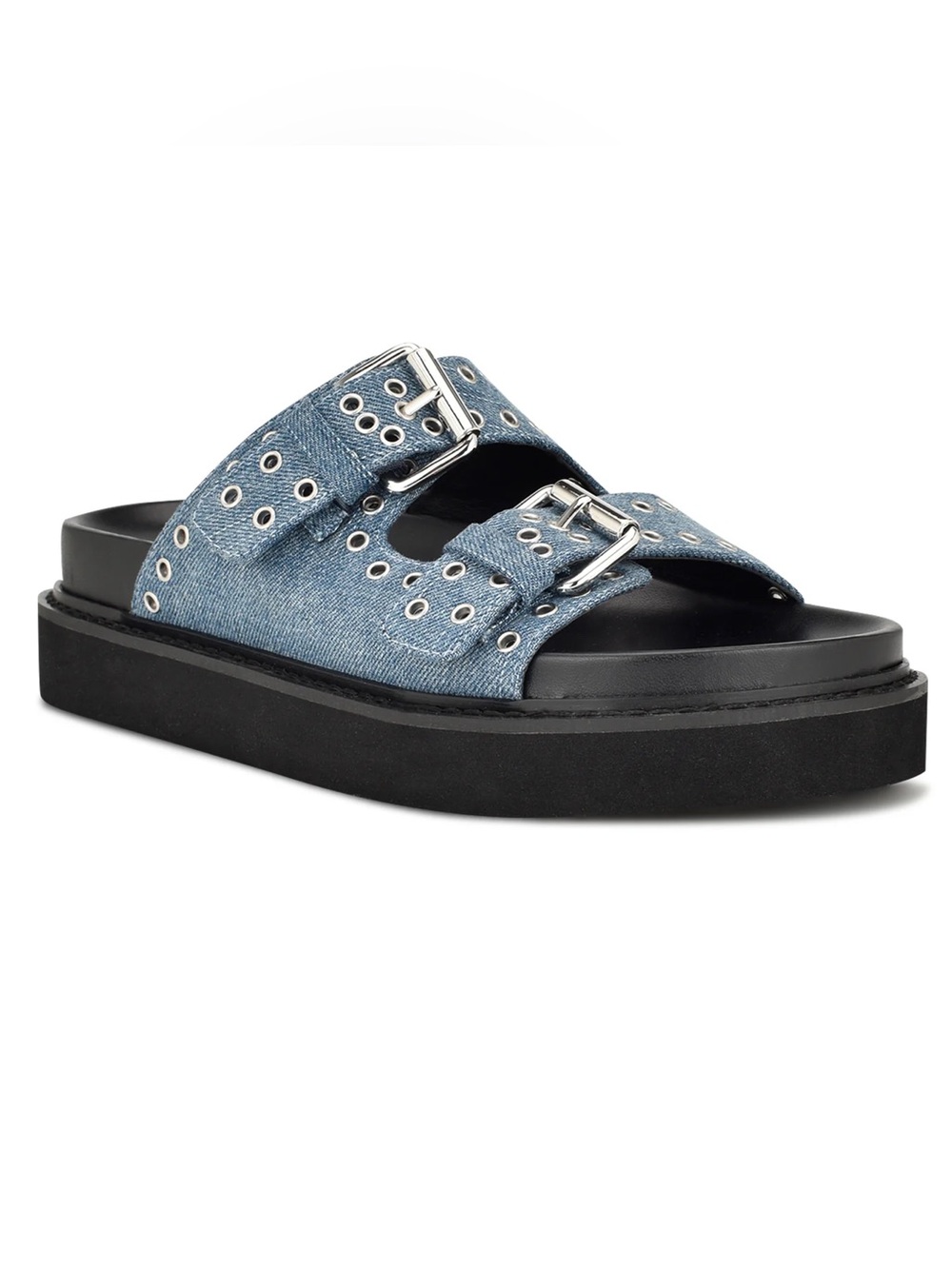 Nine West Denim Eyelet Buckle Slide Sandals - Blue & Black